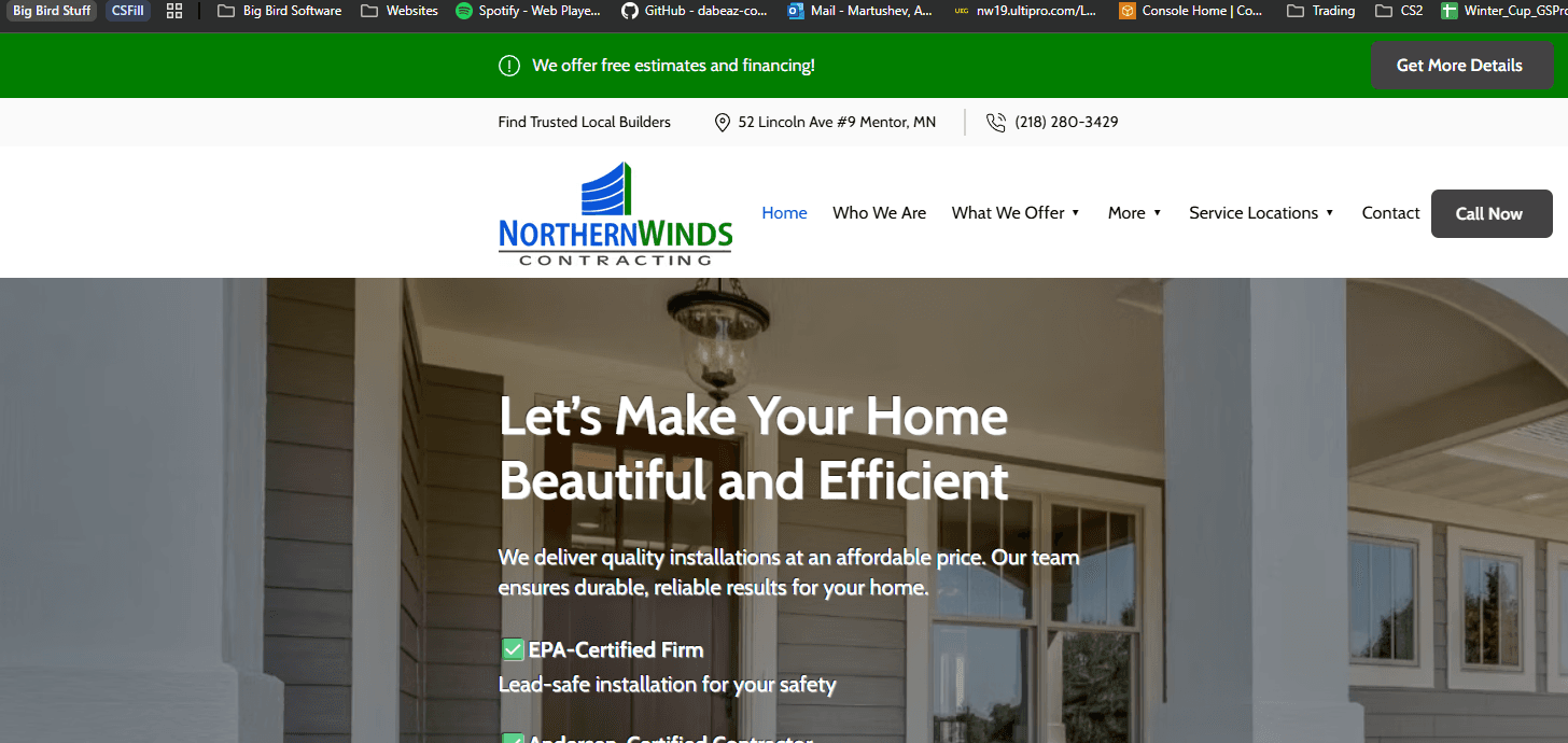 Northern Winds Contracting website homepage